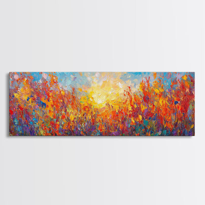 Original Wildflower Painting Print, Panoramic Extra Wide Wall Art, Floral Landscape Custom Rustic Home Decor, Sunset Through The Flowers