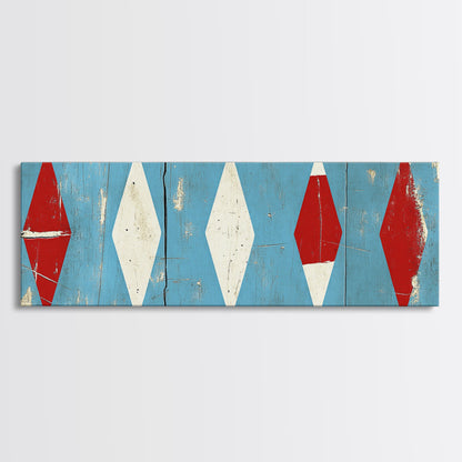 Red & White Diamonds - Framed Canvas Print - Rustic / Distressed MCM Mashup Home Decor - Turquoise Background