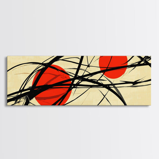 Sun Streaks - 3 Red Suns with Black Streams, Framed Canvas Print, MCM Style Geometric Abstract Wall Art
