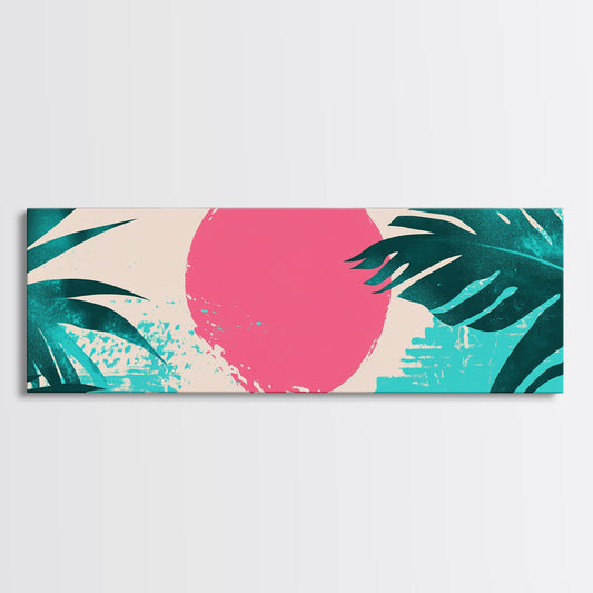 Vaporwave Style Wall Art, Pink Sun and Turquoise Palm Leaves, Retro 1980s Vibes Beach Decor, Panoramic Vintage Wall Art