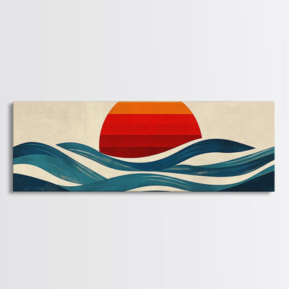 Retro Art Deco Sunset over The Ocean, Framed Canvas Print, Vector Image Style Artwork, Wood Frame, Boho / Eclectic Home Decor, Minimalist Decor