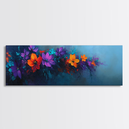 Purple and Orange Flowers on Navy Blue Background, Panoramic Framed Canvas Art, Oil Painting Print, Boho Style Wall Art, Dark Home Decor, Moody Art