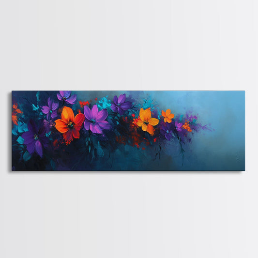 Purple and Orange Flowers on Navy Blue Background, Panoramic Framed Canvas Art, Oil Painting Print, Boho Style Wall Art, Dark Home Decor, Moody Art