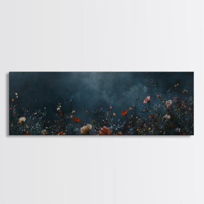 Dark & Moody Wild Flowers At Night, Framed Canvas Print, Panoramic Thought Provoking Wall Art, Above Bed Art, Dark Floral Painting