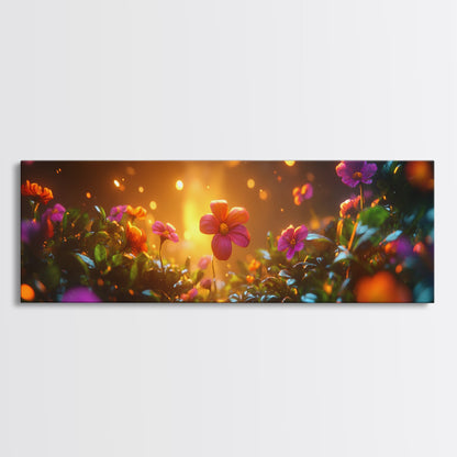 Beautiful 3D Rendered Flower Canvas Print, Wild Flowers In The Morning Dew at Sunset, Panoramic Extra Wide Wall Art