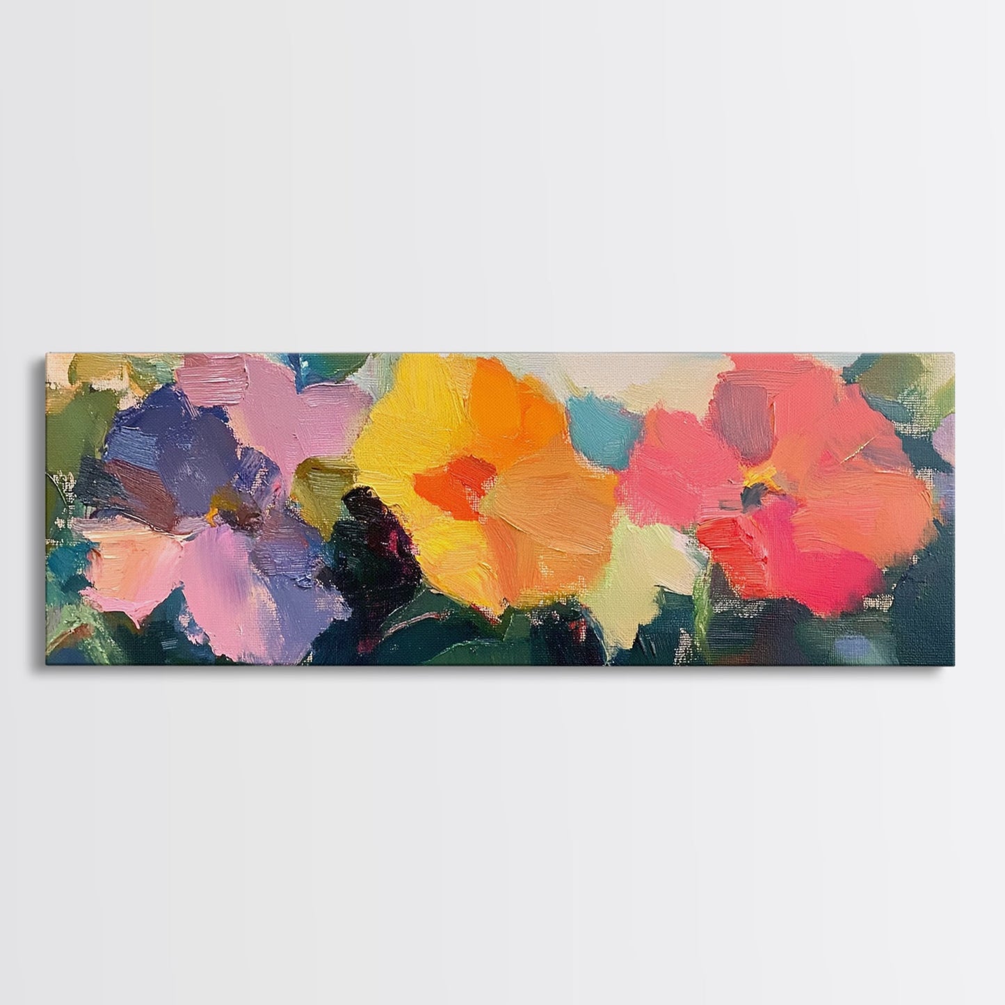 Abstract Flowers Panoramic Painting Print, Oil Painting Wood Framed Canvas Print, Boho Modern Art, Modern Farmhouse Decor