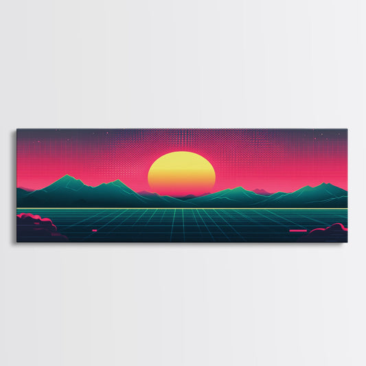 Synthwave Sunset Over The Mountains, Wireframe Art, Framed Canvas Print, Wire Frame Retro 1980s Style Wall Art