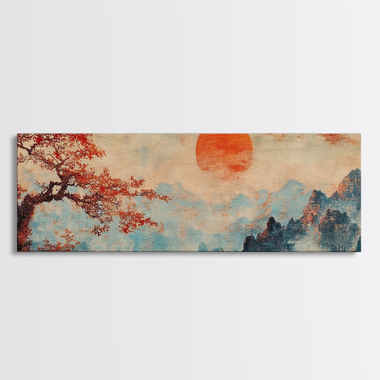 Japanese Maple Tree at Sunset, Vintage Japanese Inspired Woodblock Print Canvas Art, Retro Japanese Art