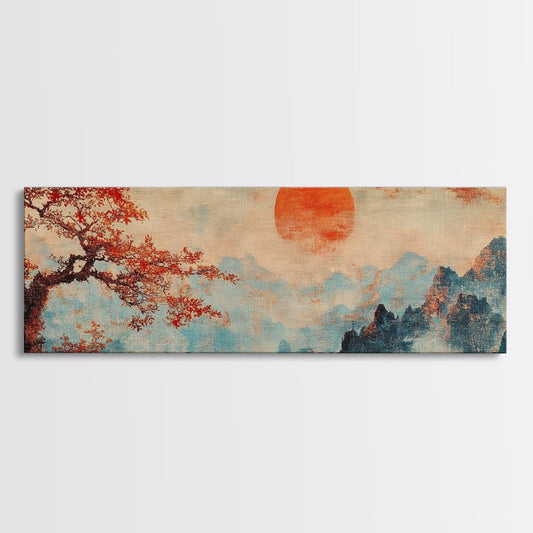 Japanese Maple Tree at Sunset, Vintage Japanese Inspired Woodblock Print Canvas Art, Retro Japanese Art