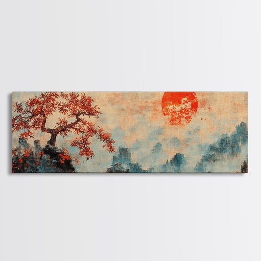 Wabi Sabi Style Japanese Maple Tree and Sunset Framed Canvas Print, Vintage Style Home Decor, Oversized Panoramic Japanese Art, Boho Decor