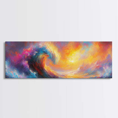 Oil Painting Print of Rainbow Ocean Waves, Retro Farmhouse Beach House Decor, Panoramic Extra Wide Wall Art