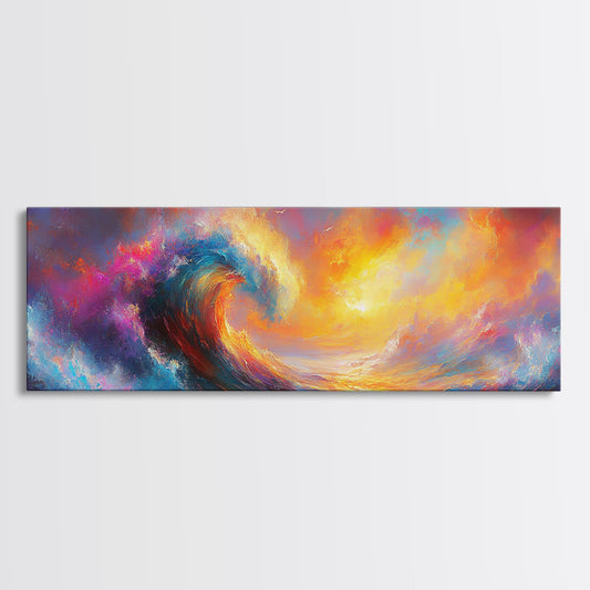 Oil Painting Print of Rainbow Ocean Waves, Retro Farmhouse Beach House Decor, Panoramic Extra Wide Wall Art