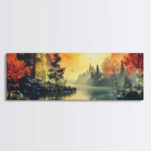 Dark and Moody Landscape, Sunset in the Valley, Framed Canvas Print, Original Artwork Gift Idea, Horizontal Print, Above Sofa, Lake House Decor, Lake Art