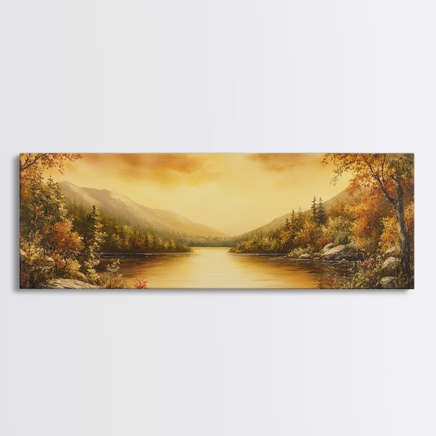 Sunset Over The Lake, Framed Canvas Print, Ultra Wide Wall Art, Panoramic Painting, Above Sofa Or Bed Wall Art, Home Decor, Calm Wall Art