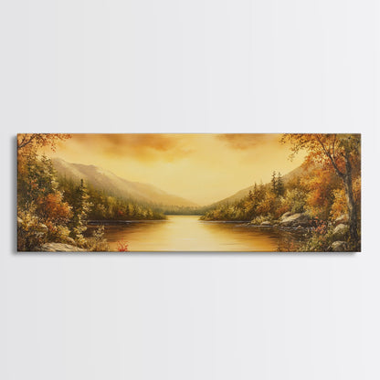 Sunset Over The Lake, Framed Canvas Print, Ultra Wide Wall Art, Panoramic Painting, Above Sofa Or Bed Wall Art, Home Decor, Calm Wall Art