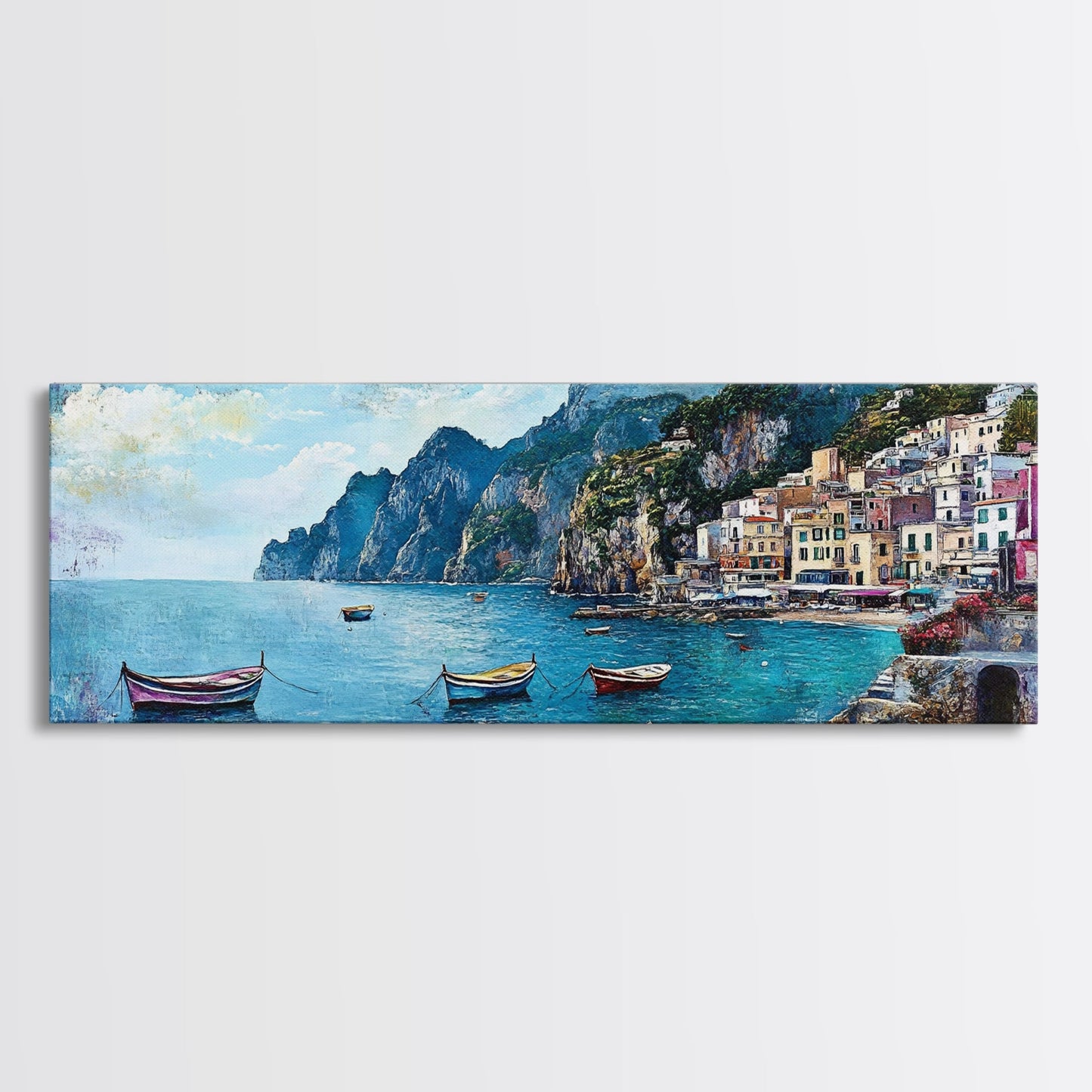 Italian Seaside, Framed Canvas Print, Italy In The Summer, Original Artwork Oil Painting Print, Gift Idea, Horizontal Wood Framed Panoramic Art