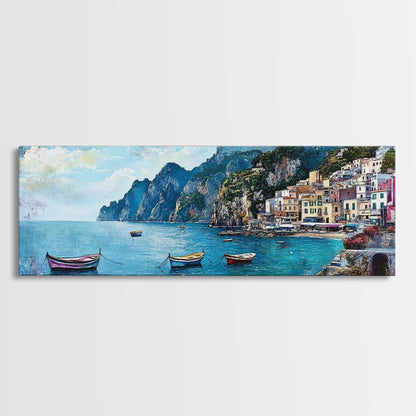 Italian Seaside, Framed Canvas Print, Italy In The Summer, Original Artwork Oil Painting Print, Gift Idea, Horizontal Wood Framed Panoramic Art