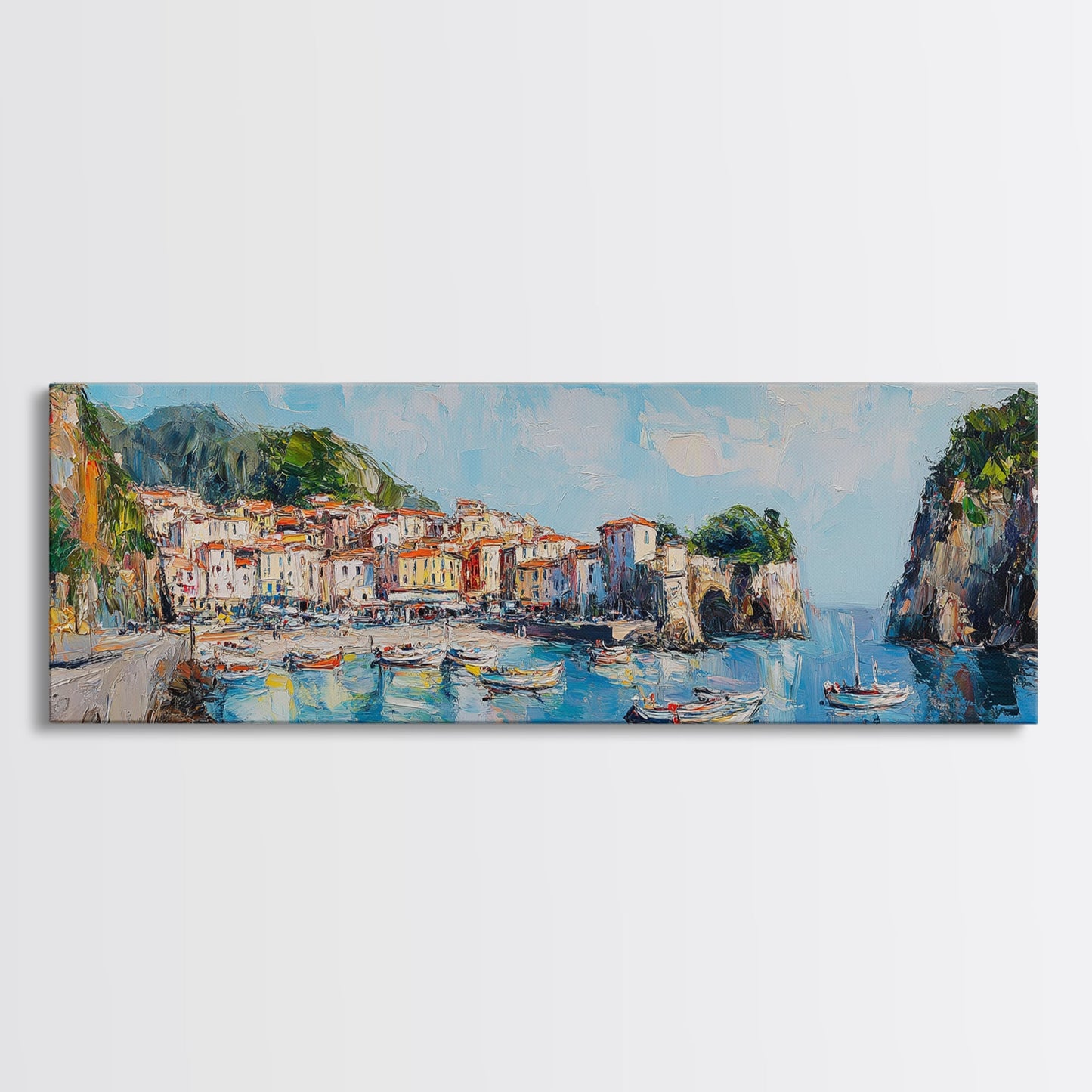 Muted Italian Fishing Village Painting Print, Boho Wall Art, Minimalist Style Panoramic Painting, Extra Large Oversized Wall Art, Home Decor / Gift Idea