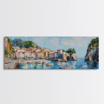 Muted Italian Fishing Village Painting Print, Boho Wall Art, Minimalist Style Panoramic Painting, Extra Large Oversized Wall Art, Home Decor / Gift Idea