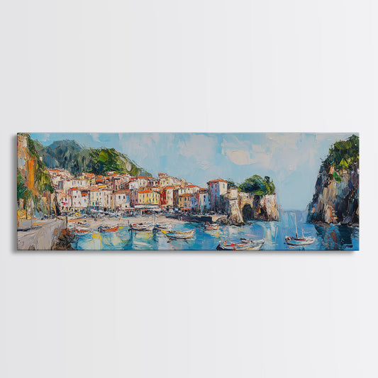 Muted Italian Fishing Village Painting Print, Boho Wall Art, Minimalist Style Panoramic Painting, Extra Large Oversized Wall Art, Home Decor / Gift Idea