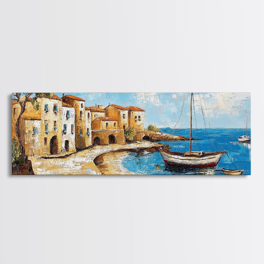 Retro Italian Villa Beach Painting, Amalfi Coast Italy, Landscape Painting Print, Framed Canvas Print, Aesthetic Coastal Decor, Vintage Lakehouse Art