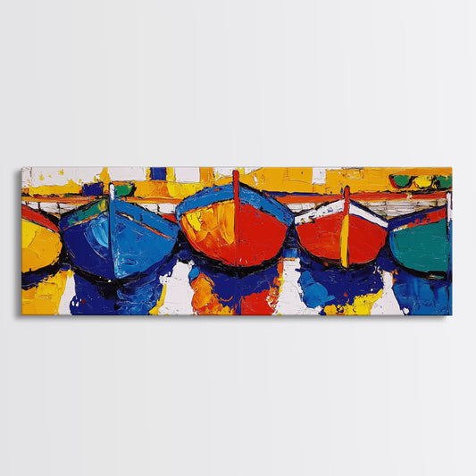 Row Boats, Framed Canvas Print, Retro Vibrant & Colorful Painting Of a Row of Boats, Rustic Lakehouse Decor, Above Sofa Wall Art, Panoramic Art
