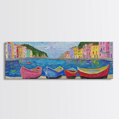 Pastel Row Boats in an Italian Fishing Village, Framed Canvas Print, Original Artwork, Retro Italy Painting, Impasto Style Print