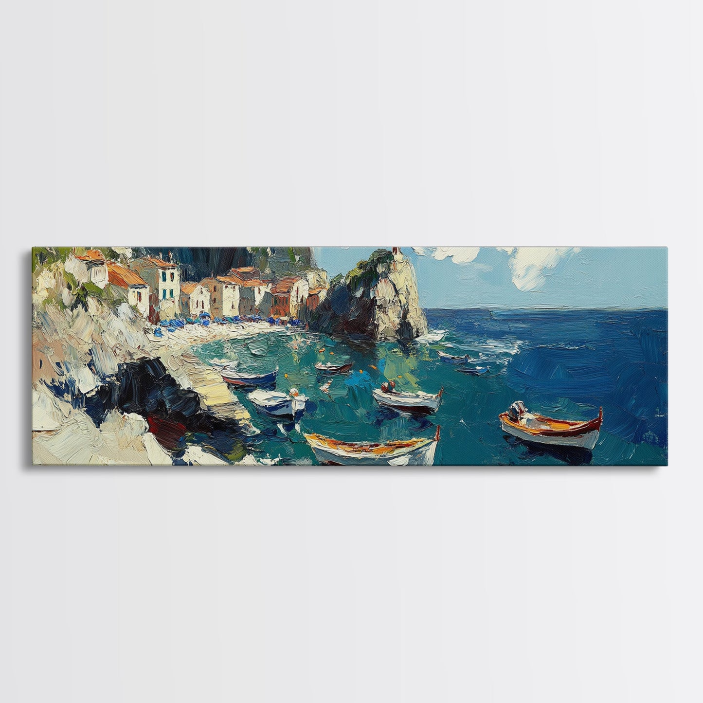 Italian Fishing Village, Vintage Style Canvas Print, Wood Framed Panoramic Wall Art, Italy Vacation Gift, Travel Gift Idea, Impressonist Seascape