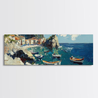 Italian Fishing Village, Vintage Style Canvas Print, Wood Framed Panoramic Wall Art, Italy Vacation Gift, Travel Gift Idea, Impressonist Seascape