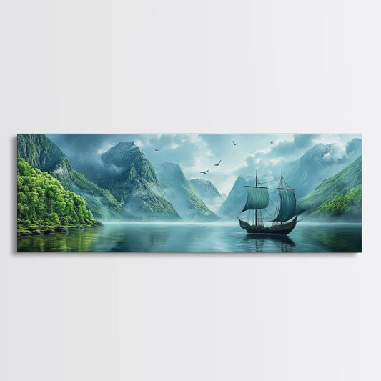 Pirate Ship In The Bay - Framed Canvas Print - Fantasy Decor - Original Landscape Oil Painting - Vintage Ship Painting - Panoramic Art