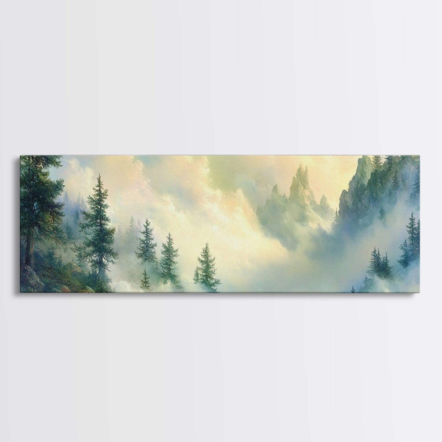 Fog In The Mountains - Framed Canvas Print - Panoramic North Carolina Painting - Blue Ridge Mountains - Original Painting Home Decor - Moody Art