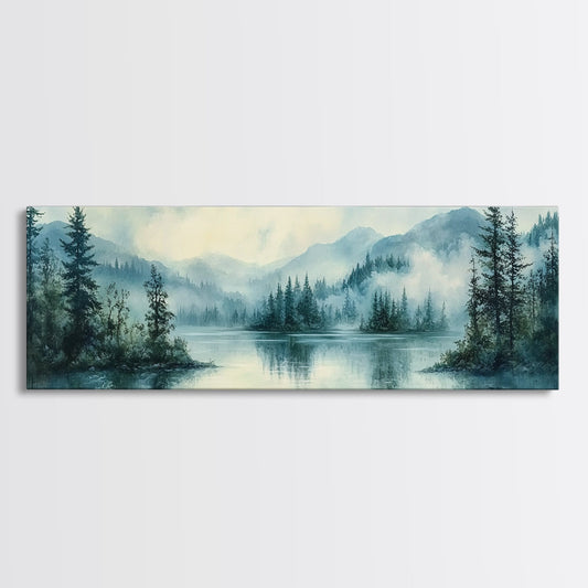 Fog Over The Lake Panoramic Painting Print - Rustic Decor - Panoramic Ultra Wide Wall Art For Above Bed or Sofa - Moody Decor