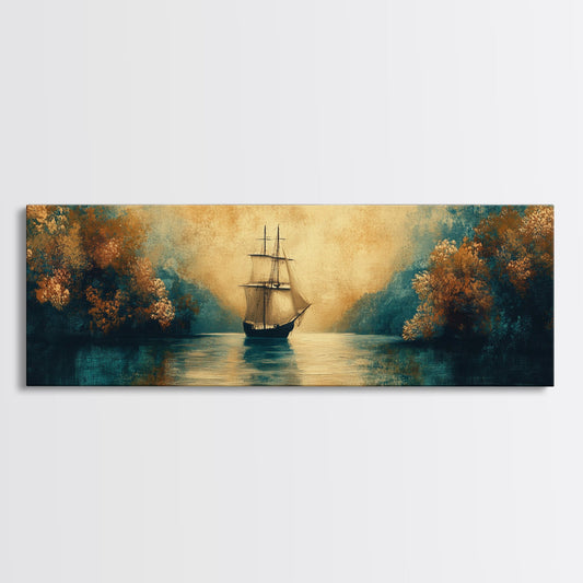 Pirate Ship In The Bay, Fantasy Painting Print, Wood Framed Wall Art, Boy's Room Decor Idea, Gift Idea, Man Cave Wall Art