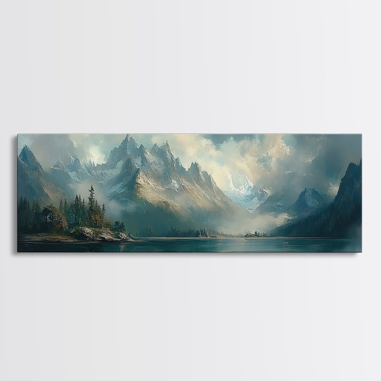 Moody Landscape Painting Print, Overcast Stormy Day In The Mountains, Thought Provoking Wall Art, Oversized Panoramic Ultra Wide Art