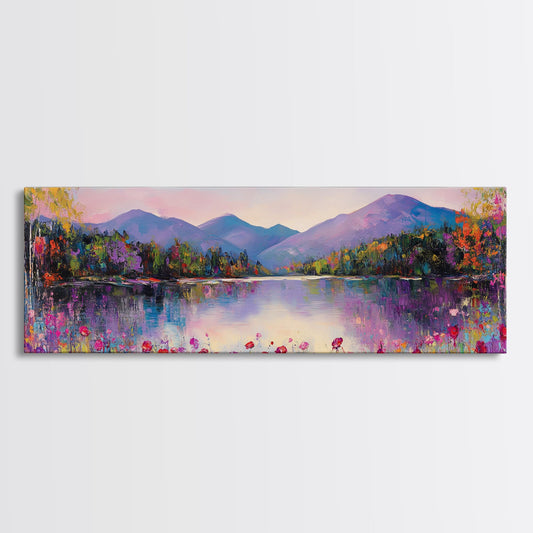 Panoramic Wildflowers Framed Painting Canvas Print, Long Horizontal Vintage Spring Meadow Landscape Wall Art, Panoramic Landscape Print