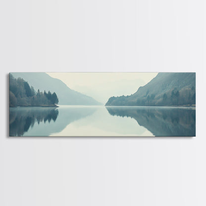 Reflections on an Overcast Day, Framed Canvas Print, Moody Decor, Foggy Landscape Painting, Panoramic Wall Art