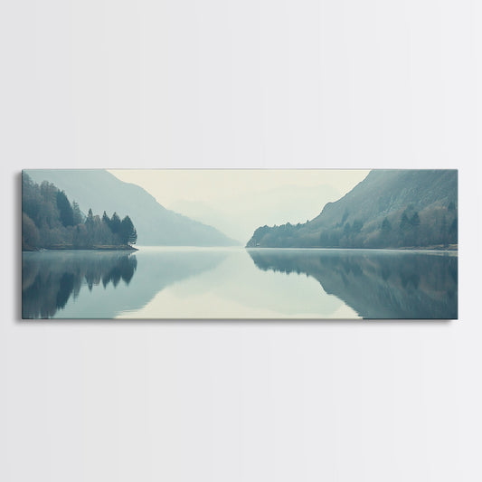 Reflections on an Overcast Day, Framed Canvas Print, Moody Decor, Foggy Landscape Painting, Panoramic Wall Art