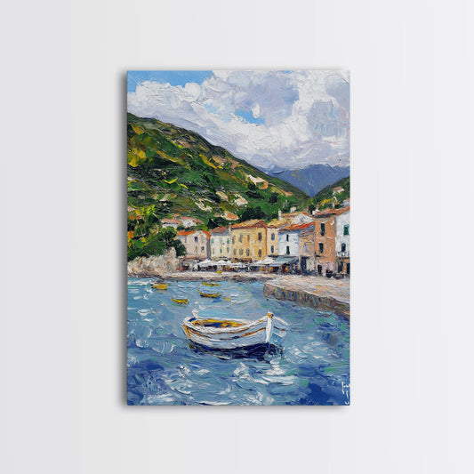 Modern Art Canvas Print - Italian Fishing Village - Italy Oil Painting - Neutral Wall Art - Seascape Painting - Impasto Style Print - Boho