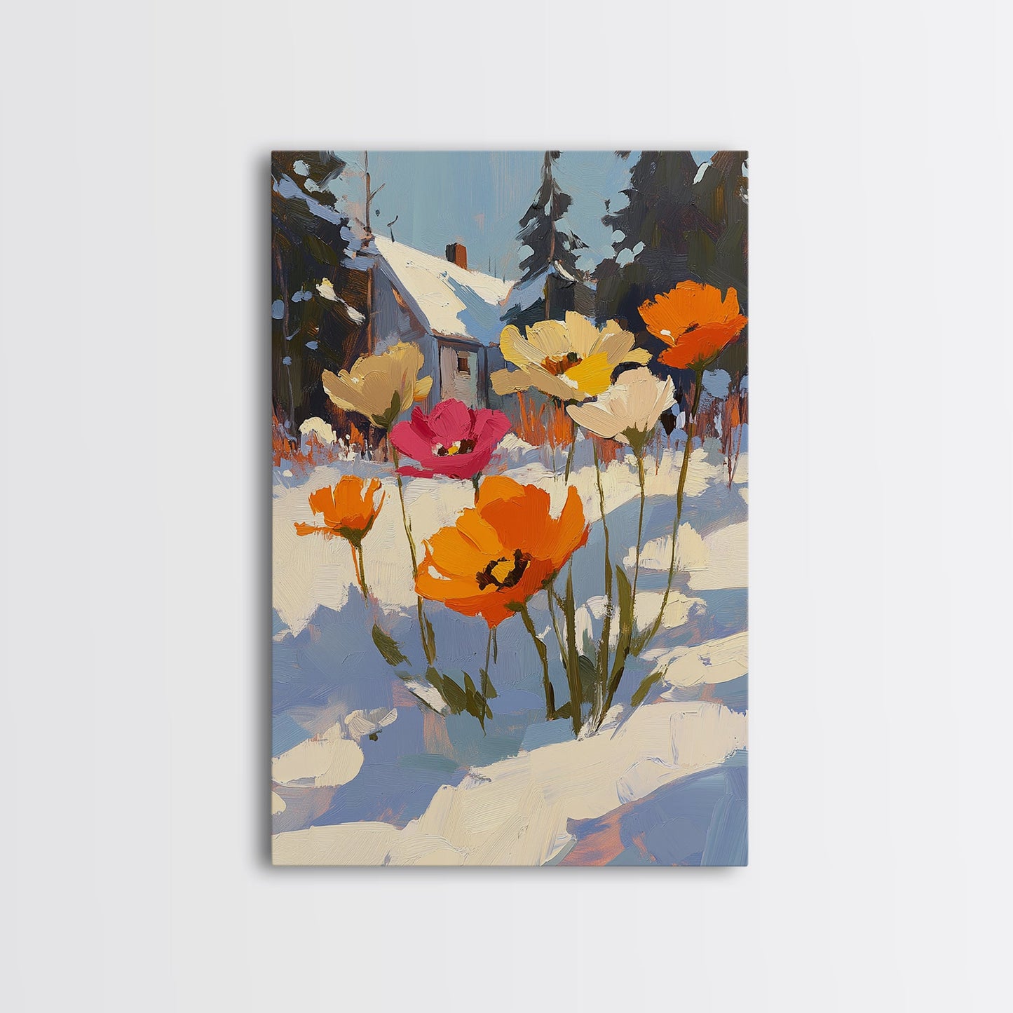 Wild Flowers In The Snow, Framed Canvas Print, Original Floral Painting Print, Modern Wall Art, Modern Custom Art, Winter Art