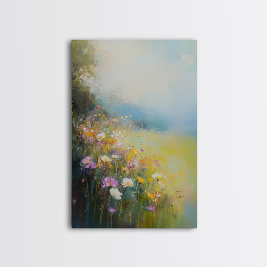 Wildflower Field Framed Canvas Wall Art, Vintage Botanical Landscape Sign Floral Decor, Modern Farmhouse Canvas Print, Field of Wild Flowers Print