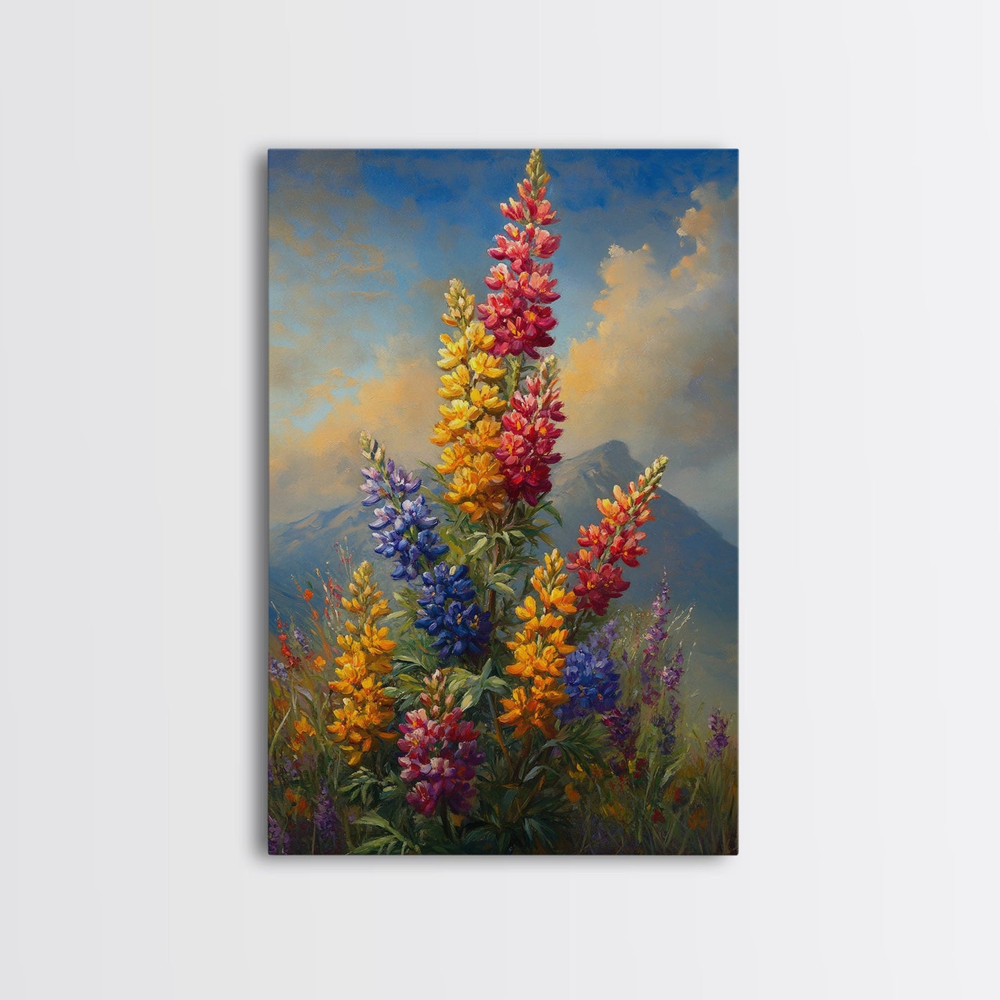 Vintage Style Canvas Print Oil Painting of Wild Flowers On A Mountain Landscape, Framed Canvas, Antique Style Wall Art, Painting of Flowers