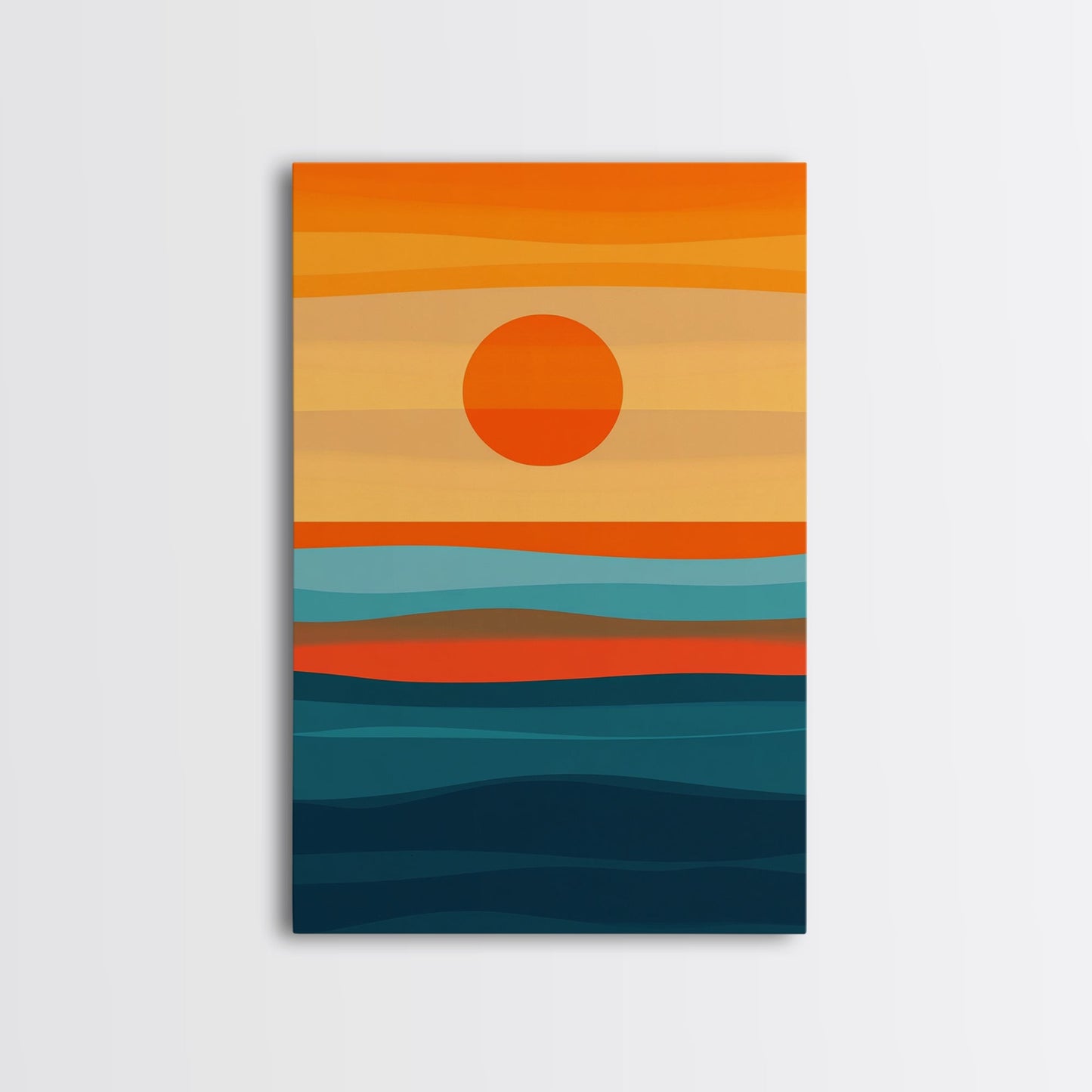 Sunset Over The Ocean Minimalist Print, Vertical Sea Sun Framed Canvas, Waves Line Art, Blue and Orange Sunset Beach House Painting