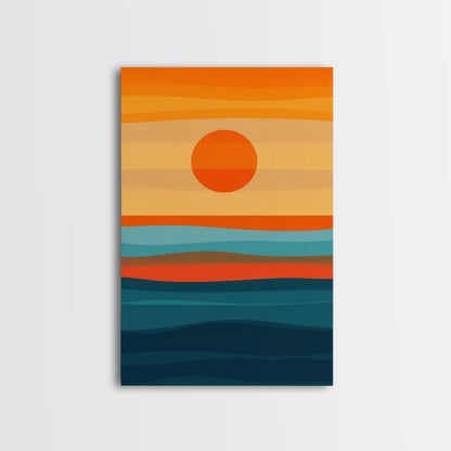 Sunset Over The Ocean Minimalist Print, Vertical Sea Sun Framed Canvas, Waves Line Art, Blue and Orange Sunset Beach House Painting