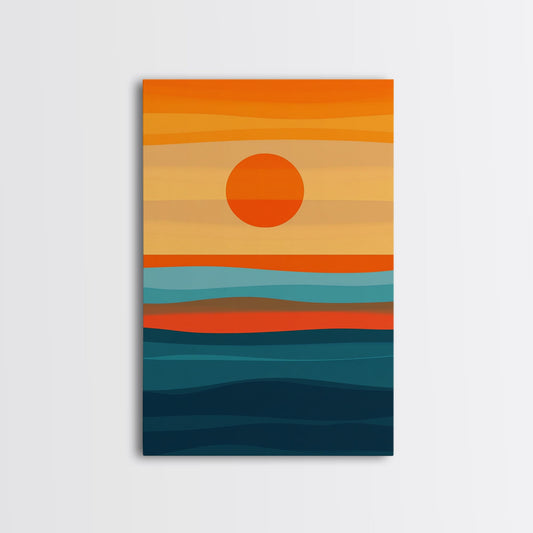Sunset Over The Ocean Minimalist Print, Vertical Sea Sun Framed Canvas, Waves Line Art, Blue and Orange Sunset Beach House Painting