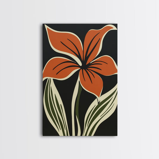 Orange Flower on Black Background, MCM Style Art, Framed Canvas Print