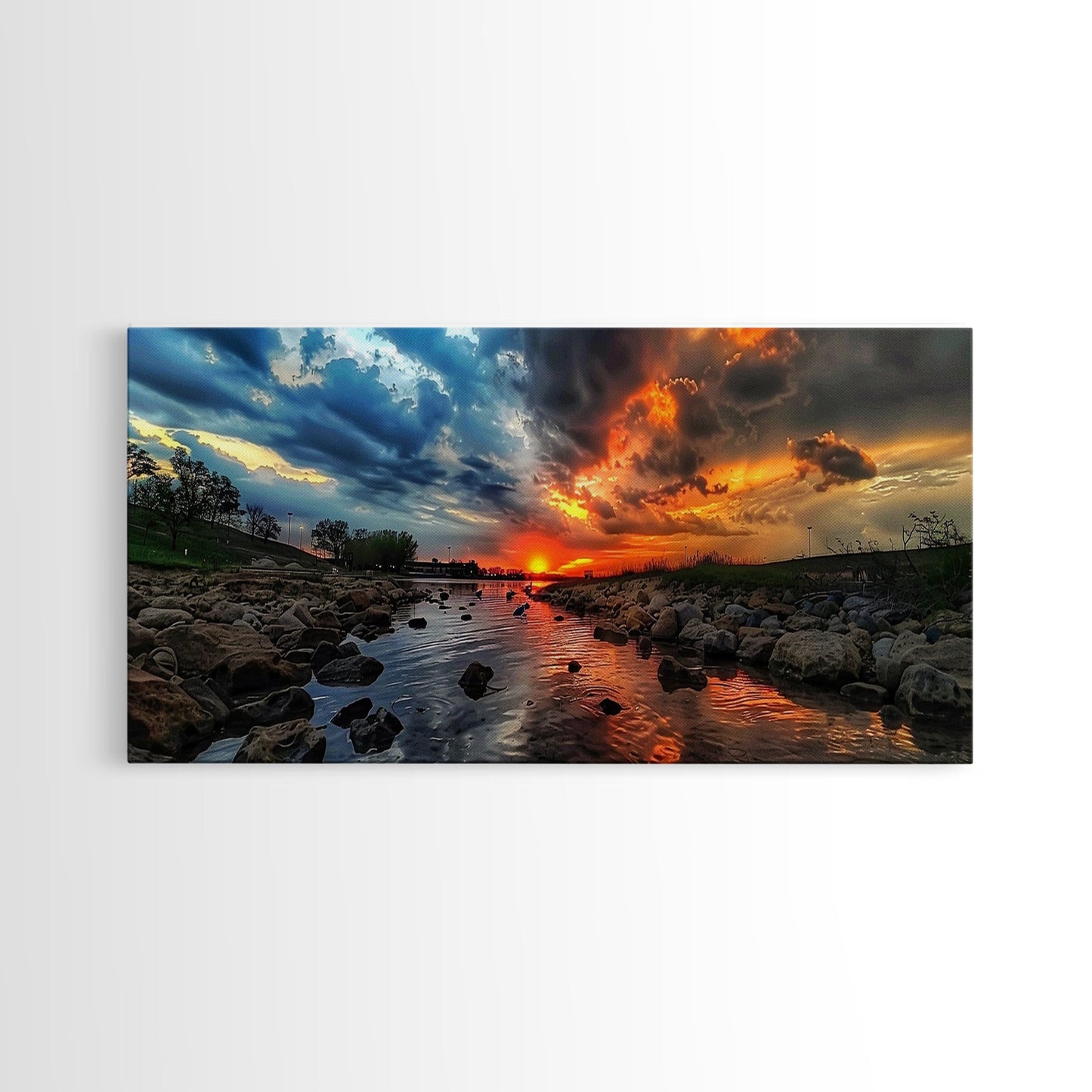 Sunset Over A Rocky River, Framed Canvas Print, Landscape Photography Style Wall Art, Beautiful Home Decor