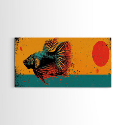 Retro 80s Style Painting of a Betta Fish, Framed Canvas Print, Home Decor Gift Artwork, Fish Painting, Betta Fish Art