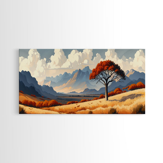Landscape Print, Muted Southwestern Landscape, Hazy Mountain Valley Oil Painting Print, Panoramic Wall Art, Calm Above Bed Art