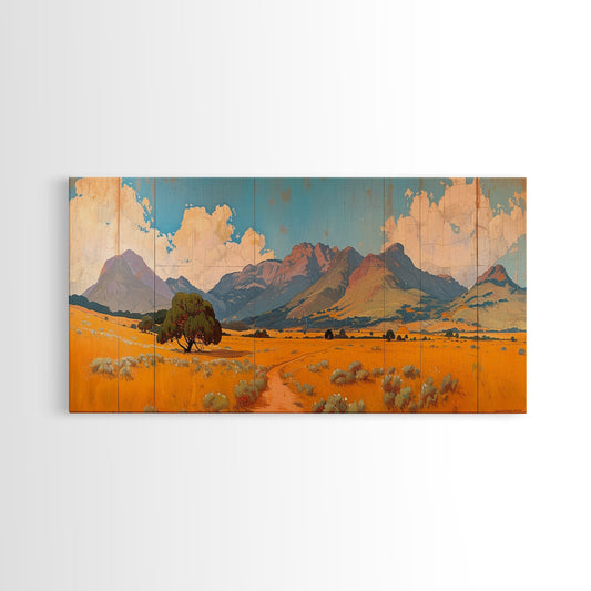Vintage and Distressed Chicano Style Landscape Painting Canvas Print, Western Wall Art, Pueblo Style Home Decor, Arizona Painting