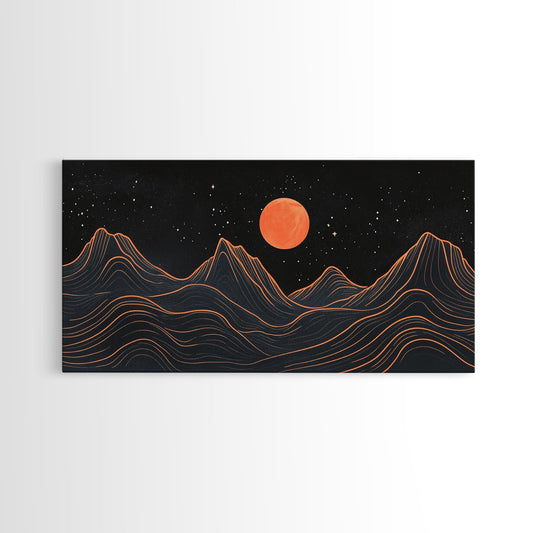 Blood Moon Over a Desert Landscape, Dark and Moody Decor, Framed Canvas Print, Pueblo Style Southwestern Art